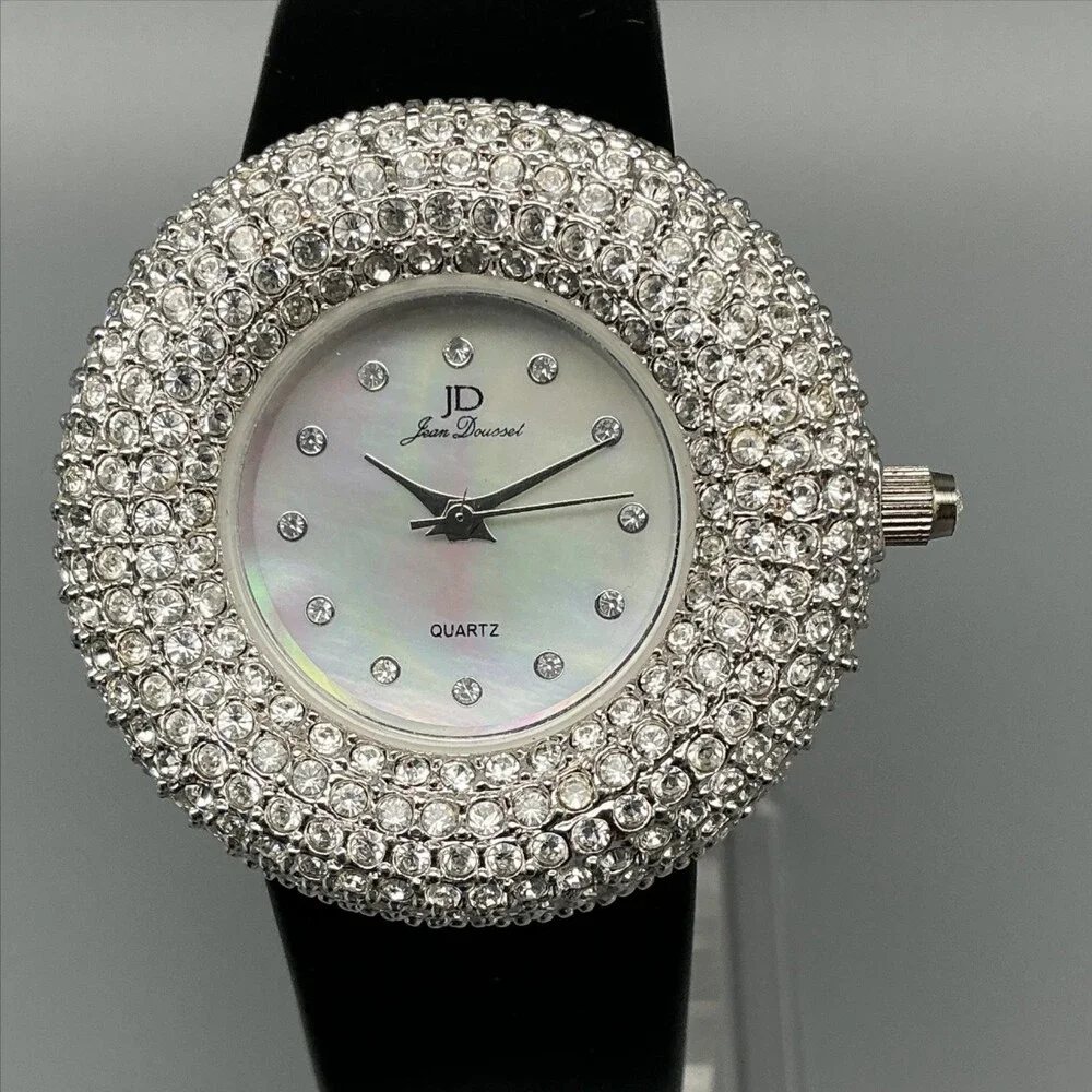 Jean Dousset Womens Watch 36mm White Dial Crystal Bezel Silver Tone New Battery